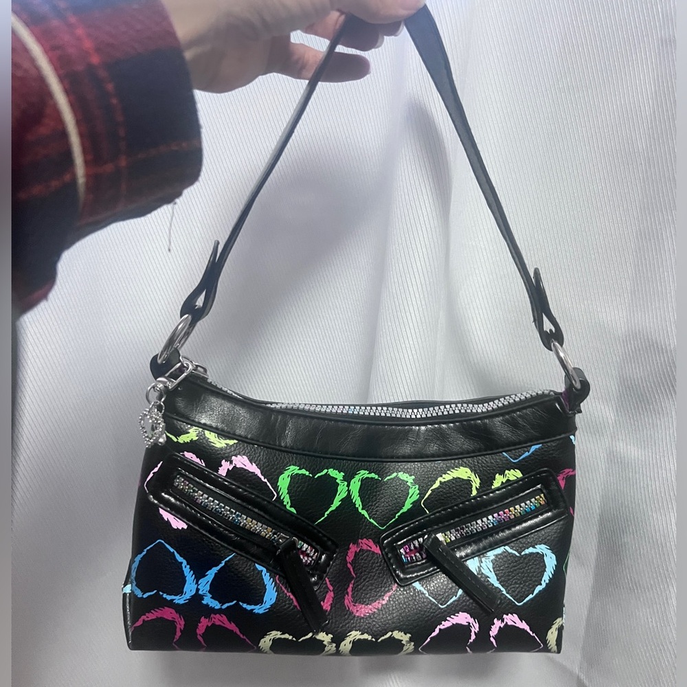 Y2K Colorful faux leather Heart Patterned Black Shoulder Bag xoxo